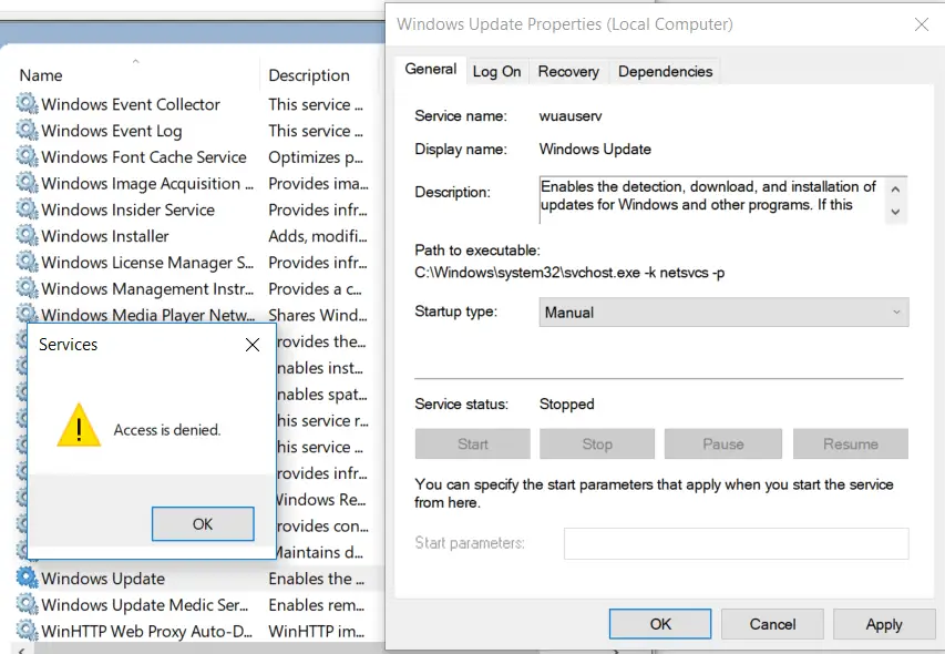 windows update service options grayed out - wuauserv