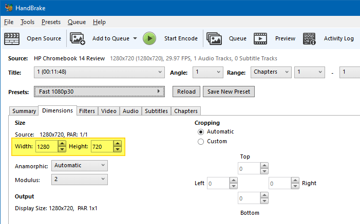 resize or change resolution of videos in windows - handbrake