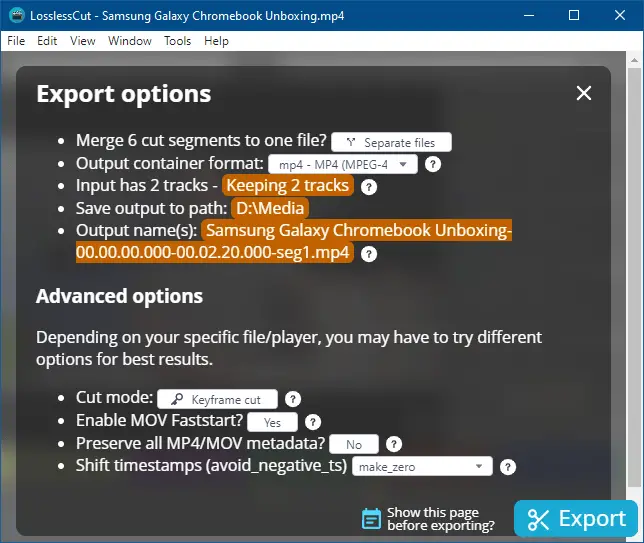 cut audio or video multiple parts - loselesscut