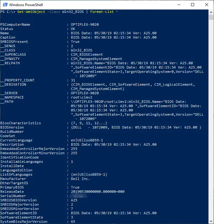 find bios version full powershell