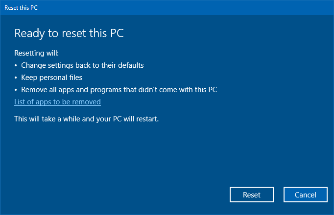 reset this pc in windows 10 recovery options