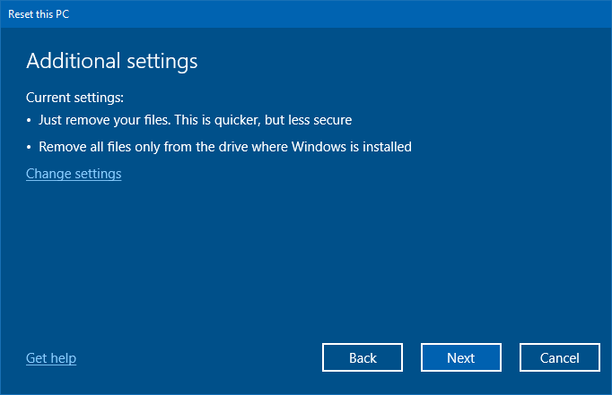 reset this pc in windows 10 recovery options - remove everything