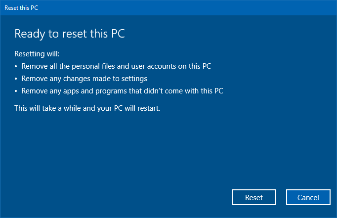 reset this pc in windows 10 recovery options - remove everything