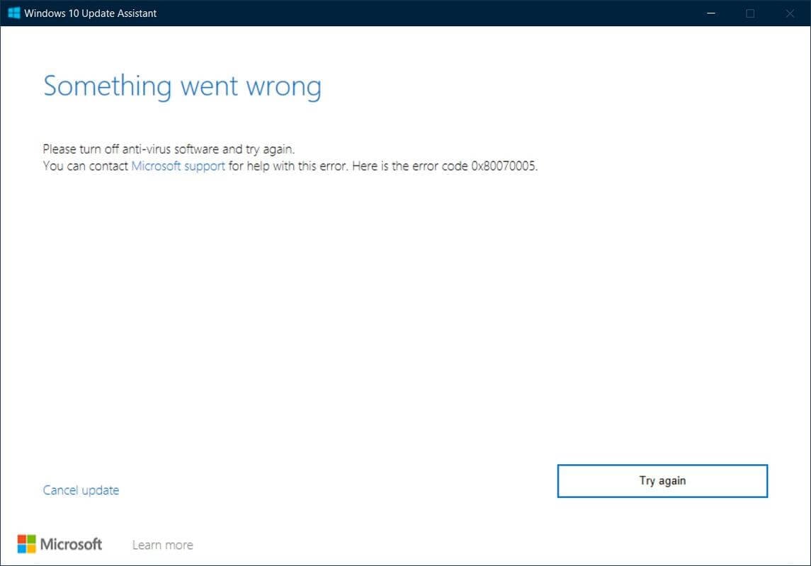 Windows 10 Error 0x80070005 When Installing Feature Update 1903