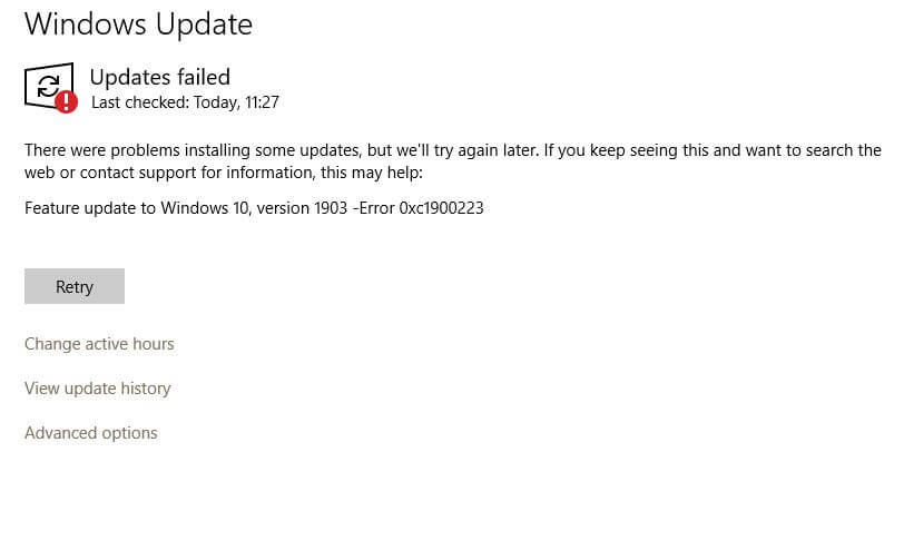 windows update error 0xc1900223 in windows 10