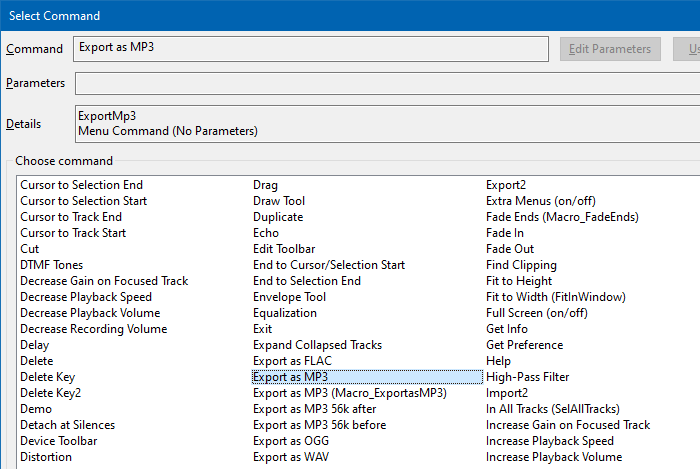 audacity convert wma to mp3 export using macros