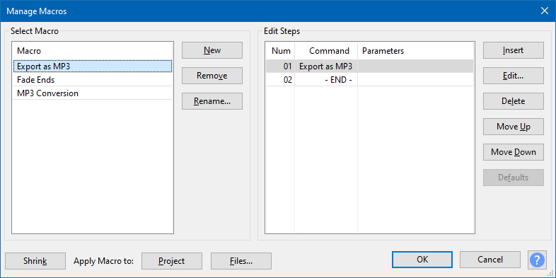 audacity convert wma to mp3 export using macros