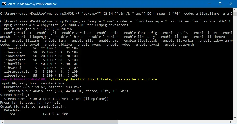 ffmpeg wma to mp3 command batch convert