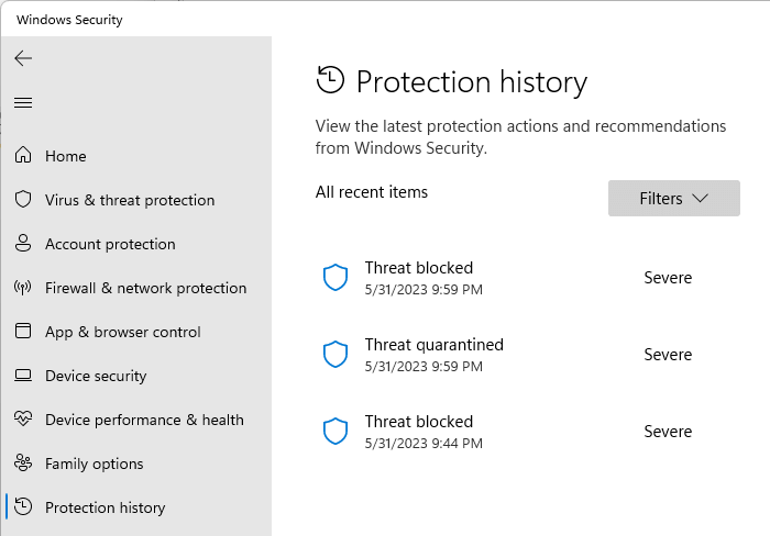 defender protection history page