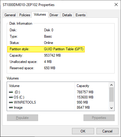 find if gpt or mpr disk - volumes tab