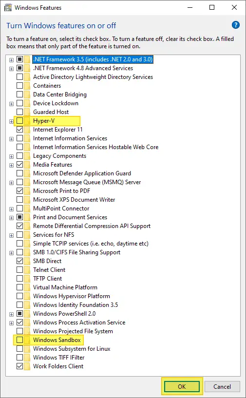 Hyper-V and Windows Sandbox - OptionalFeatures
