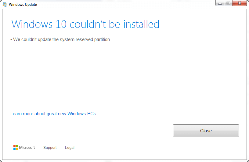 We couldn’t update system reserved partition