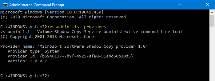 problem occurred creating recovery drive usb in windows 10 vssadmin list providers