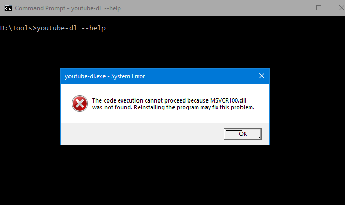 youtube-dl error msvcr100.dll 32-bit syswow64