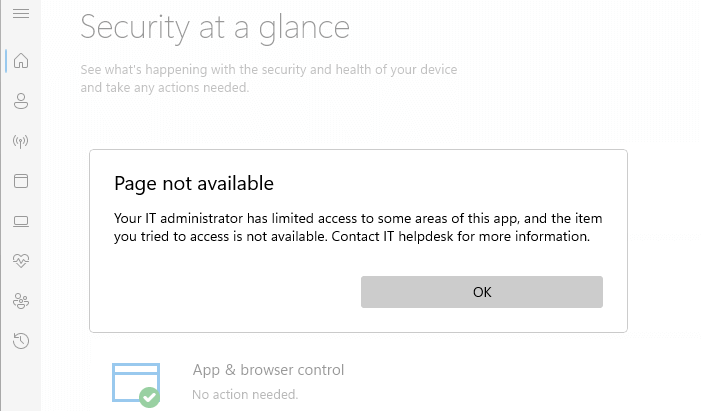 defender windows security page not available
