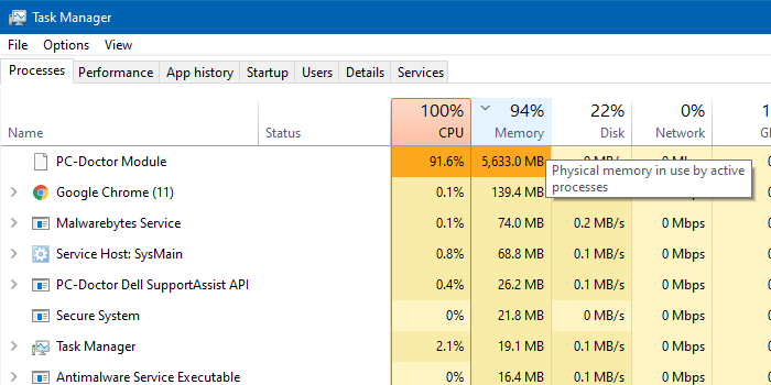 dell pc-doctor module 100% cpu and memory usage
