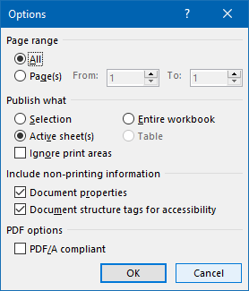 excel save as pdf - options dialog