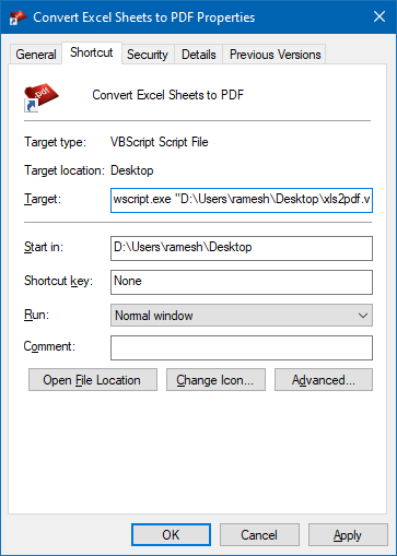 Excel сохранить как pdf с использованием vbscript
