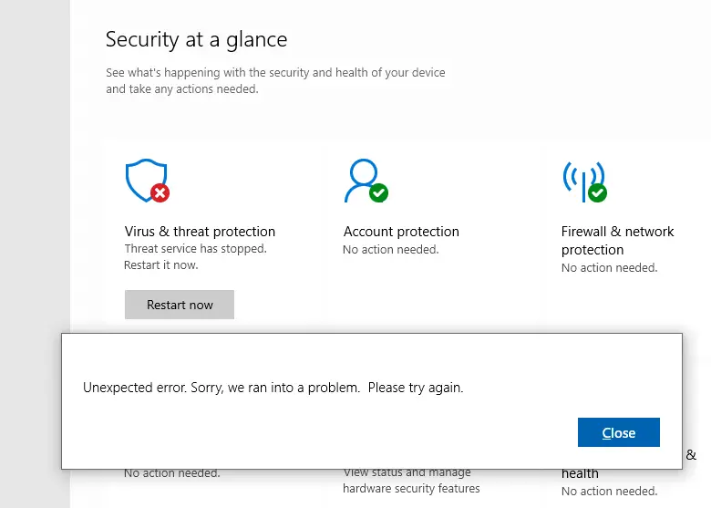 windows defender service missing - security at a glance is empty