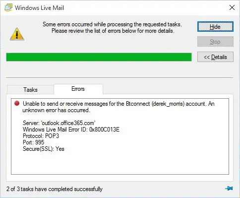 error message windows live mail