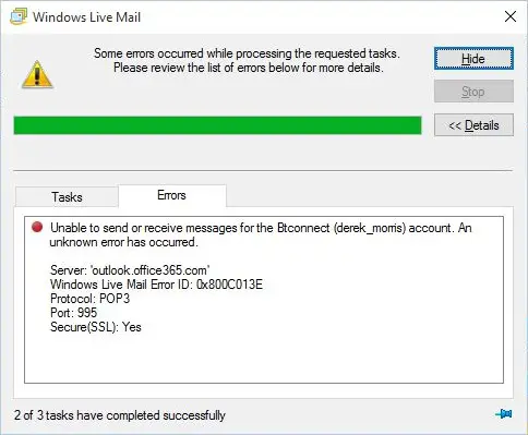 windows live mail 0x800C013E in windows 10 2004