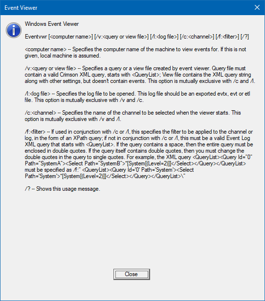 eventvwr command-line parameters list