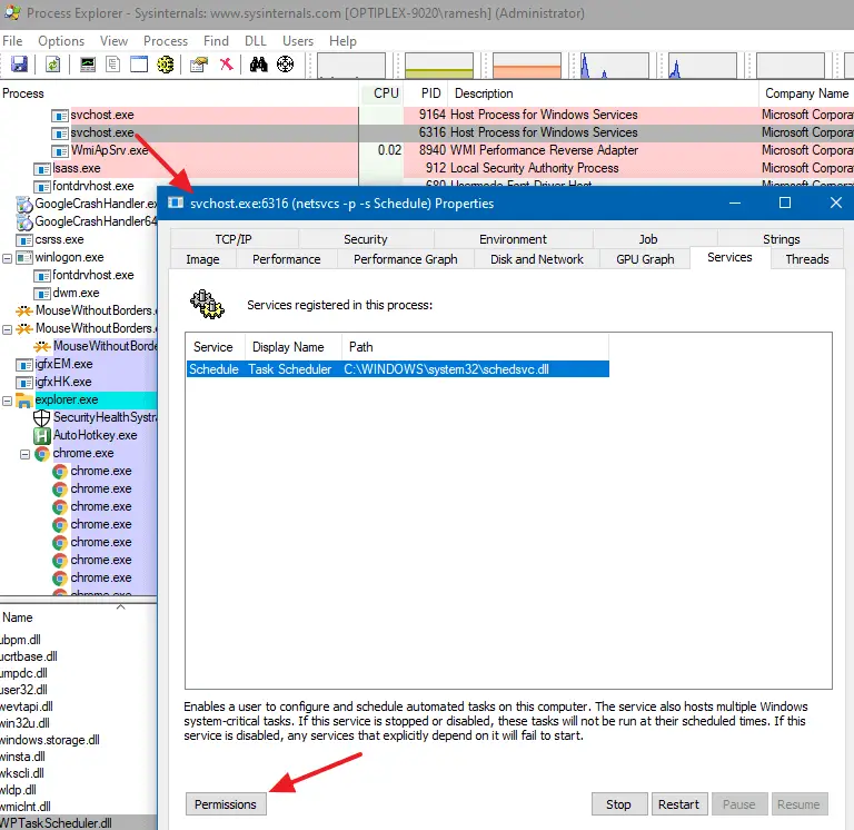 modify service permissions using process explorer