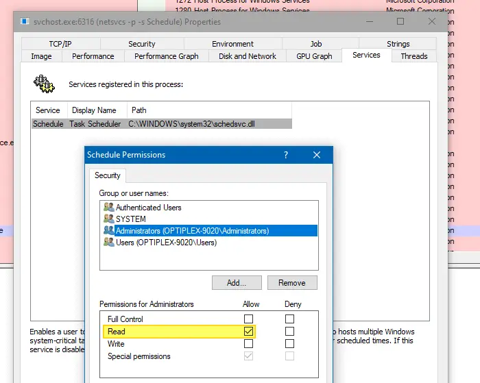 modify service permissions using process explorer