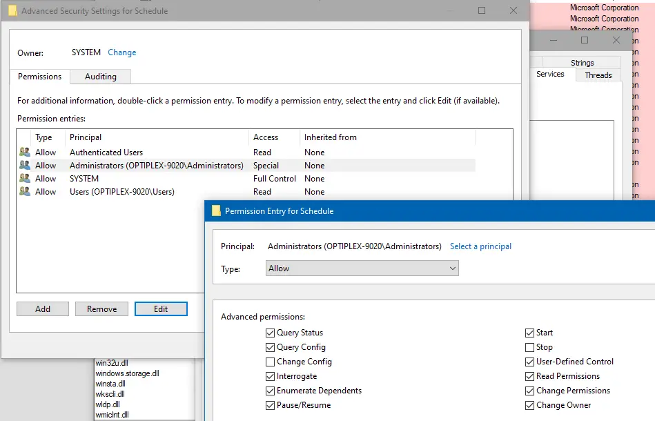 modify service permissions using process explorer