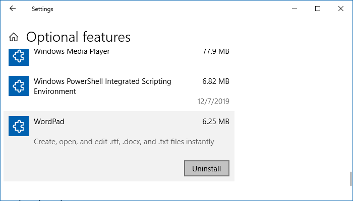 uninstall wordpad optional features