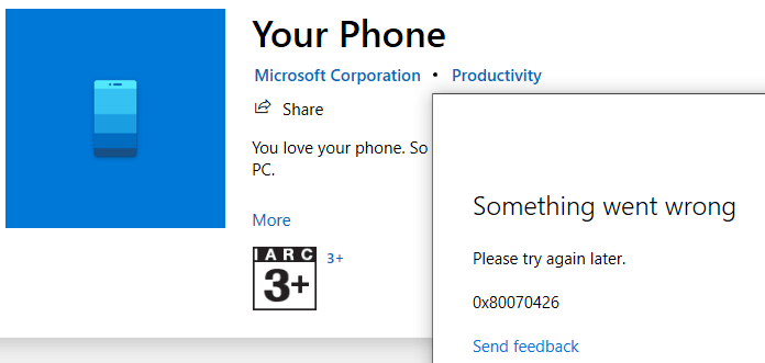 windows store error 0x80070426