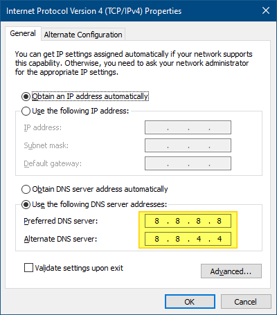 change to google public dns ipv4 properties window