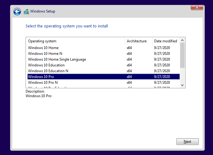 windows 10 setup not showing the list of editions