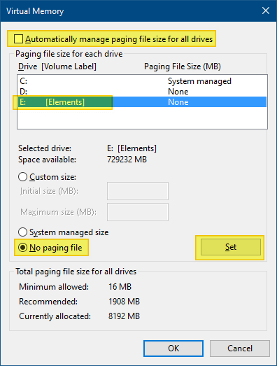 delete volume grayed out for usb drives - pagefile