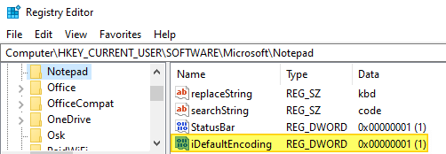 notepad default character encoding windows 10 registry