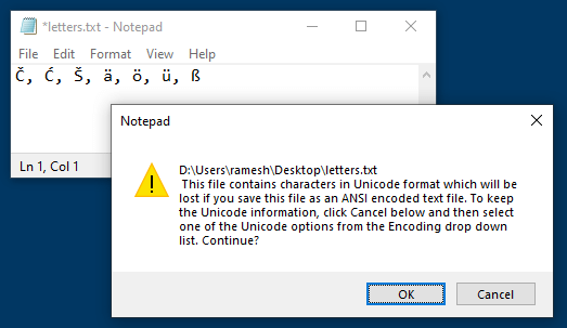 notepad ansi warning unicode