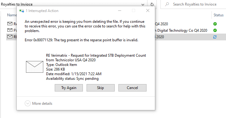 onedrive 0x80071128 0x80071129 reparse point error