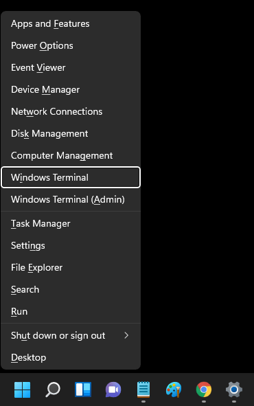 windows terminal option in win+x start context menu