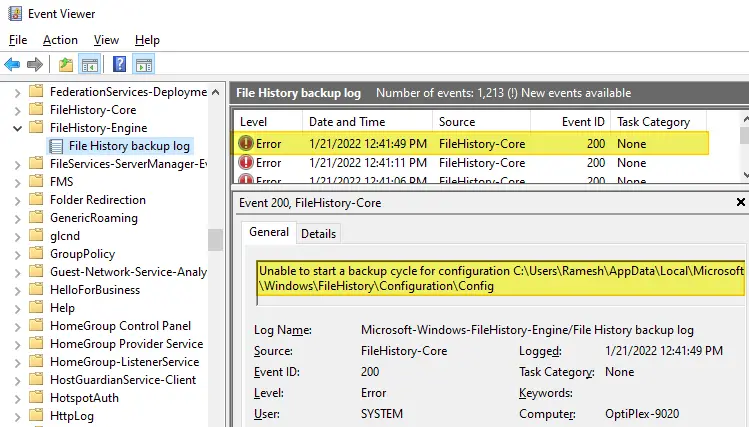 file history not working - element not found error