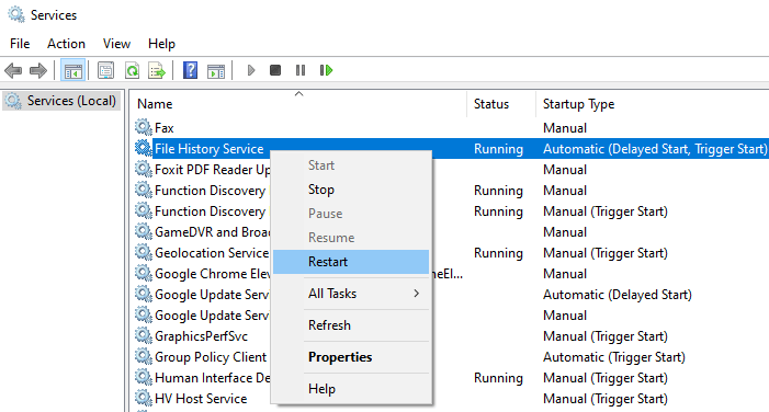 file history not working - element not found error