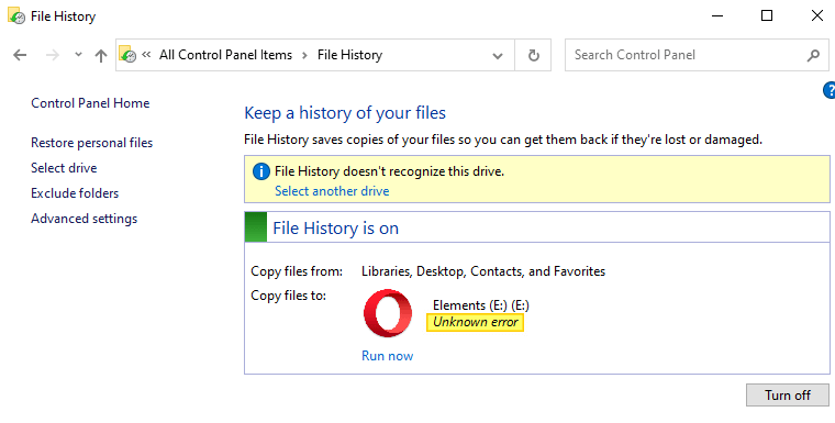 file history not working - element not found error