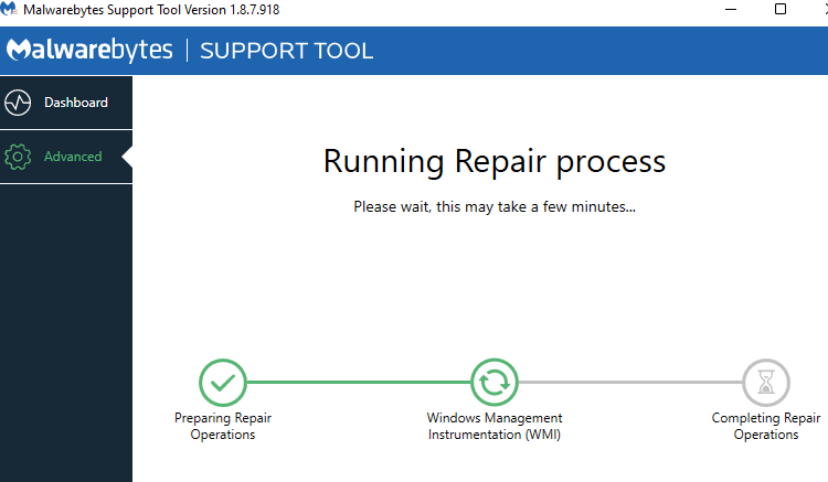 malwarebytes repair wmi using support tool
