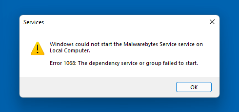 malwarebytes error 1068