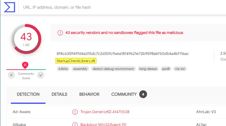 startupchecklibrary.dll malware startup error