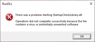 startupchecklibrary.dll malware startup error