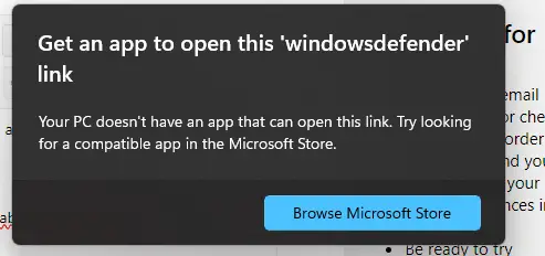 get an app to open windows defender link