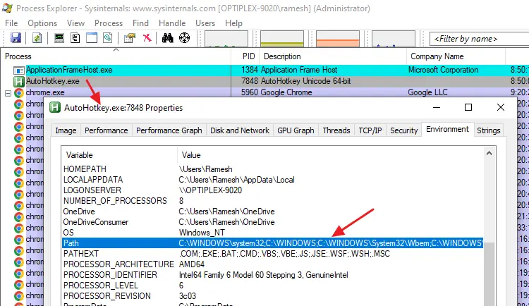 recover path environment variable - process explorer