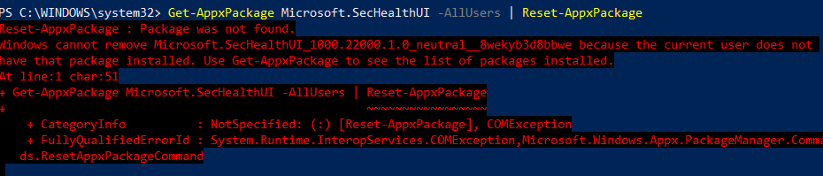 reset security health ui powershell error