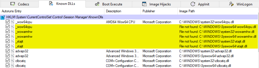 autoruns knowndlls missing
