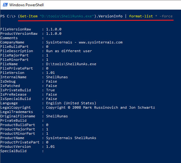 copy file information, version, product via powershell